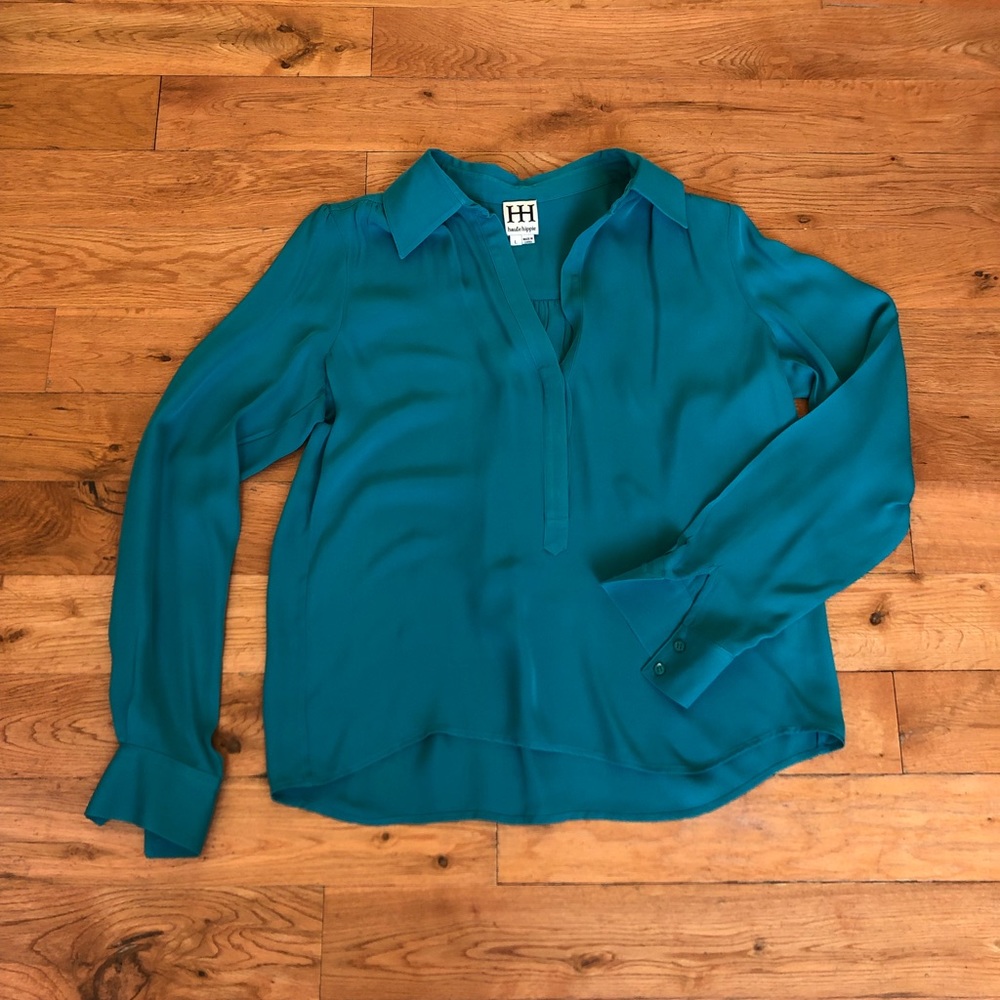 Haute Hippie teal button up blouse, size large